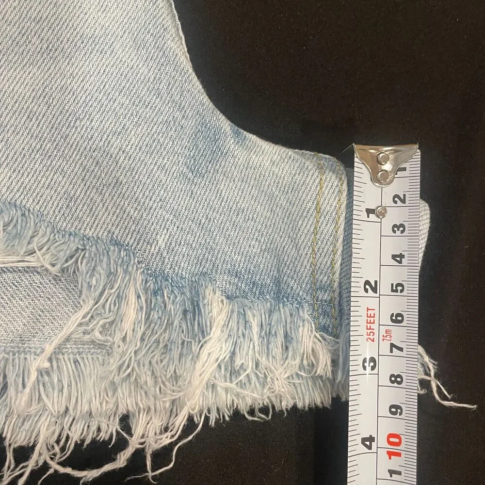~ NEW PacSun 27 Denim Festival Shorts Boho Acid Wash Rip Button High Waist Blue